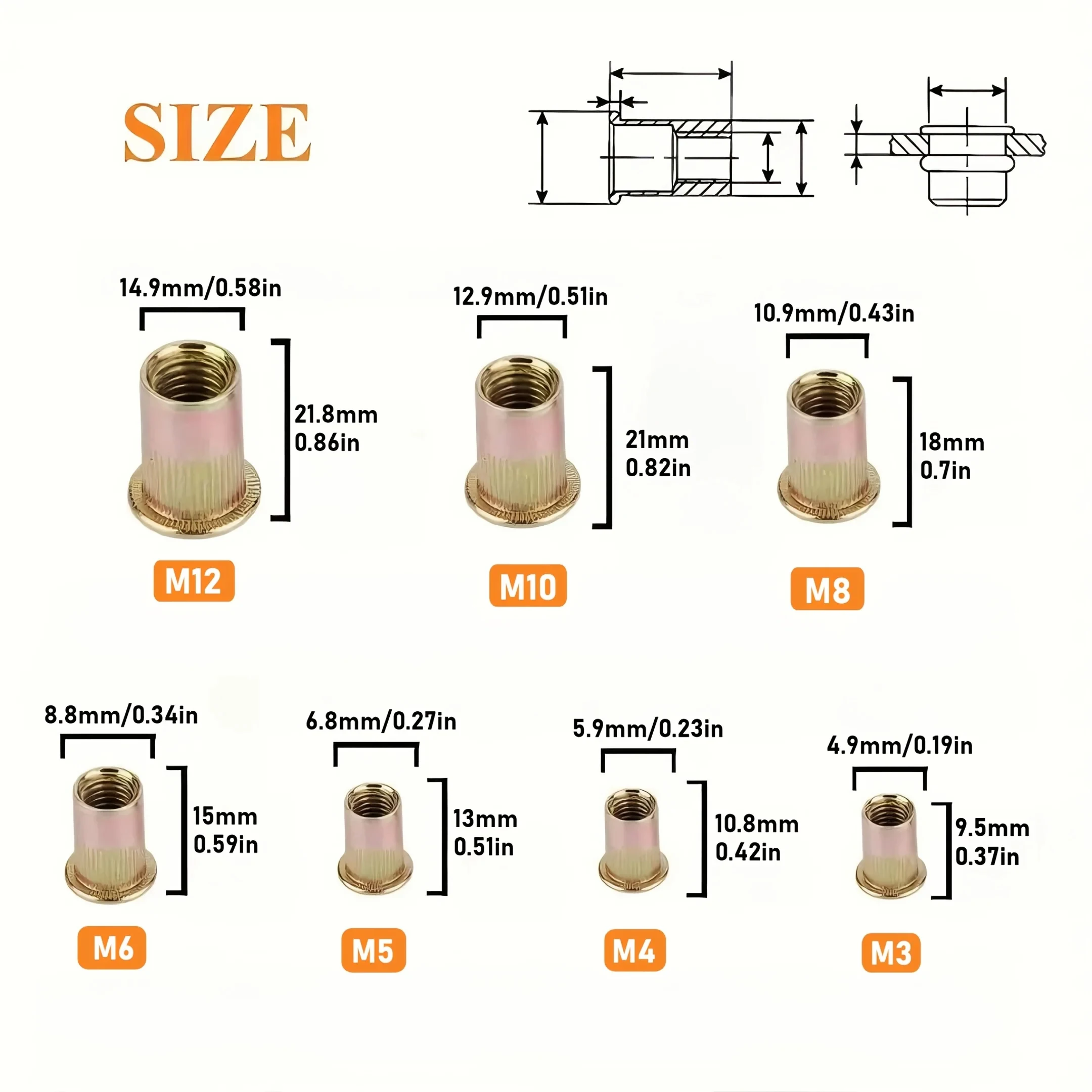 100pcs Flat Head Rivet Nut Stainless Steel M3 M4 M5 M6 M8 M10 M12 Rivnut Zinc Plated Cap Rivet Threaded Nut