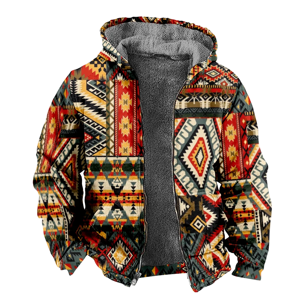 Men's Winter Jackets Coats,vintage bohemian geometric Pattern Cotton Clothes Overcoat Thermal Japan Style CAMPUS