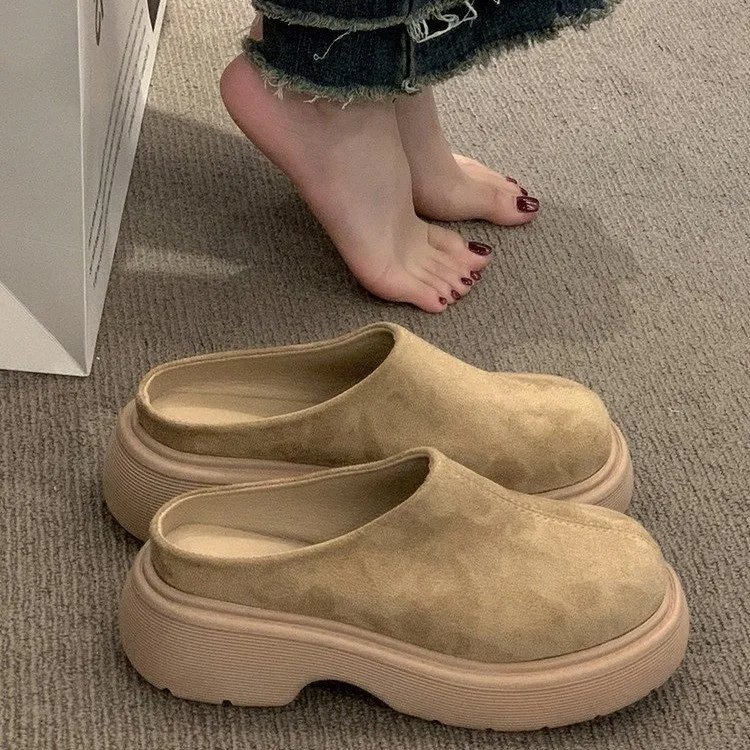 Khaki Slippers Women Shoes Casual Mules Slippers Flat Cover Toe Slides Platform Loafers Comfortable Versatile Women Pantofle 40