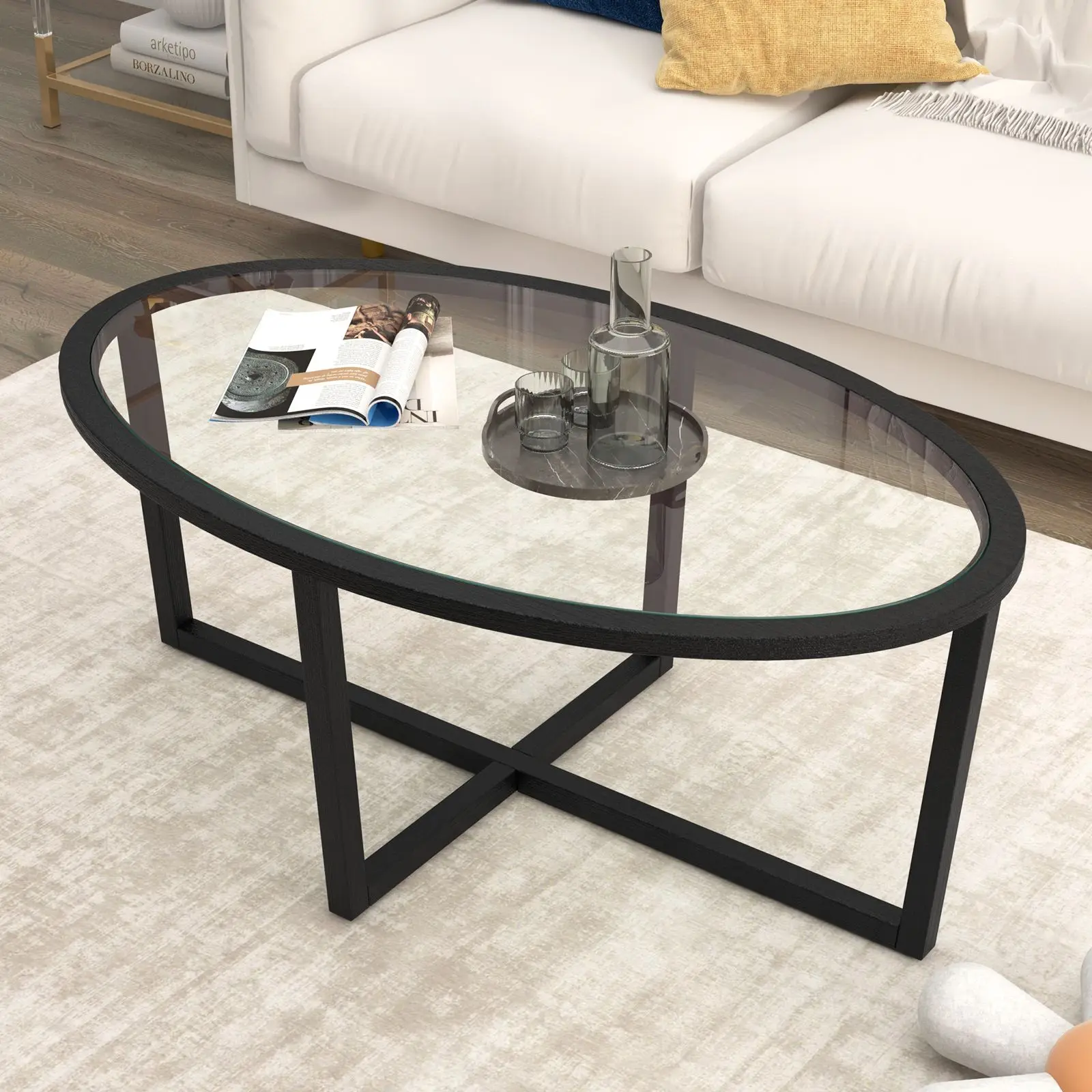 Glass Coffee Table Oval Living Room Table with Cross Base and Acacia Wood Legs