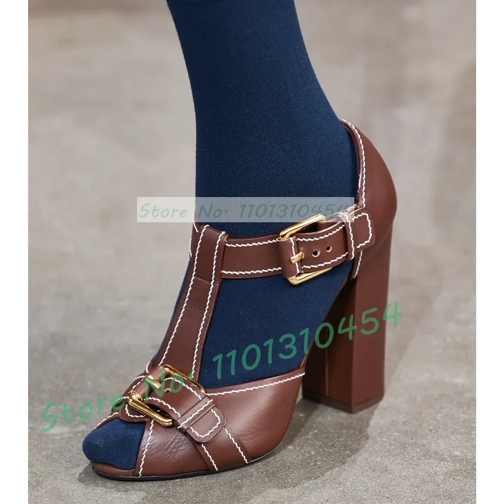 

Peep Toe T-strap Block Heels Sandals Female Trendy Catwalk High Heel Shoes Summer Women Cover Heel Cross Buckle Strap Sandals