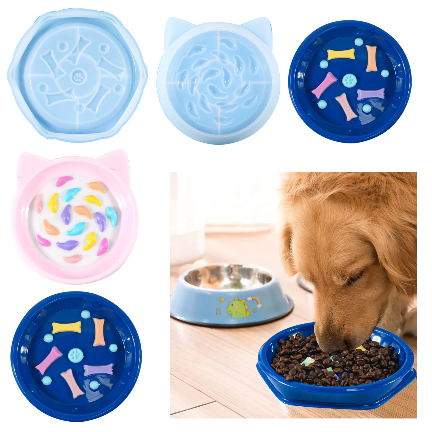 Pet Slow Food Pot Cat Bowl Epoxy Resin Mold DIY Cat Dog Feeder Gift Silicone Mold Dog Cat Pet Dining Plate Mould