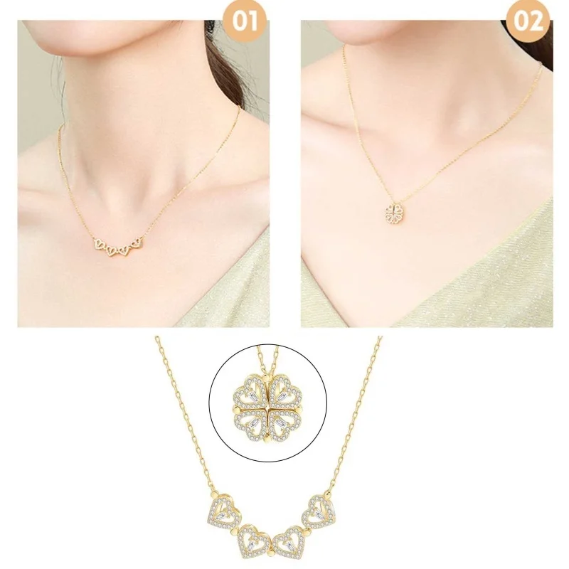 Heart Shaped & Four Leaf Clover Convertible Pendant Necklace Advanced Sense Necklace Crystals Jewelry for Women Girls