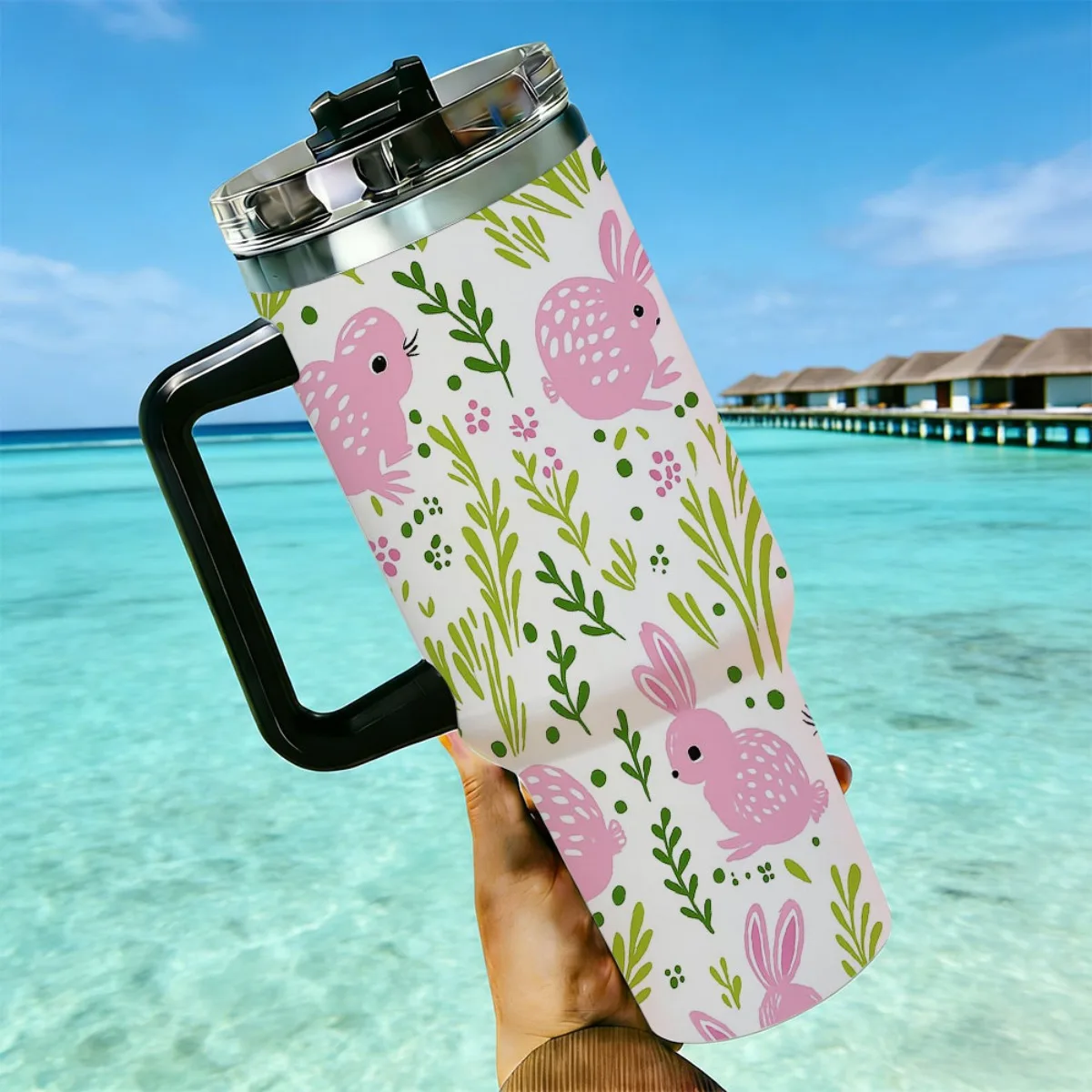 40oz Cute Pink Bunny Green Leaf Floral Repeat Print Stainless Steel Tumbler With Handle Straw Lid 24 Hours Cold Insulated Travel Water Cup