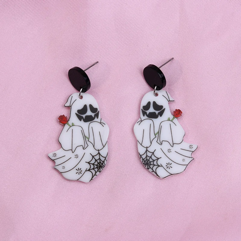 New Halloween Rainbow Ghost Print Acrylic Earrings Cartoon Cute Mushroom Ghost Earrings Halloween Decorative Gift