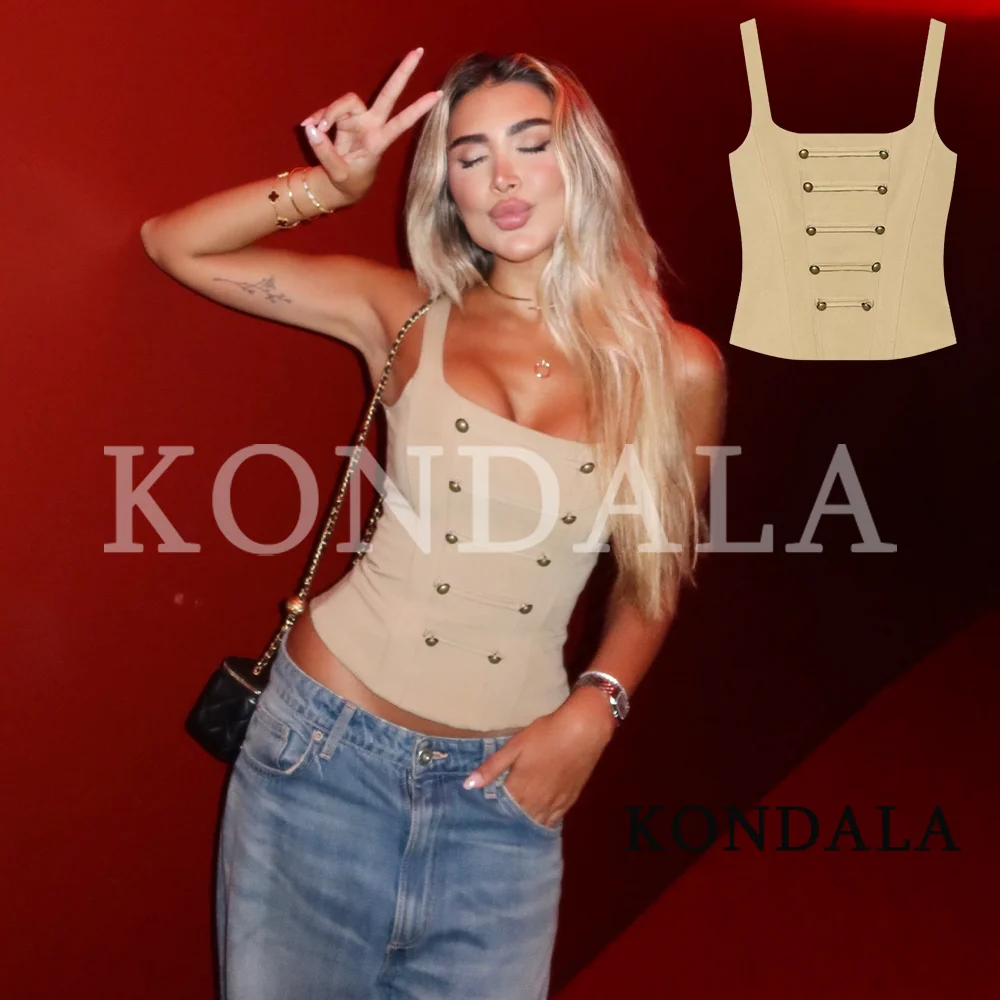KONDALA Women Sexy Chic Corset Camisole Vintage Buttons Trim Slim Vest Tops New 2026 Summer Trendy Street Style Party Sling Vest