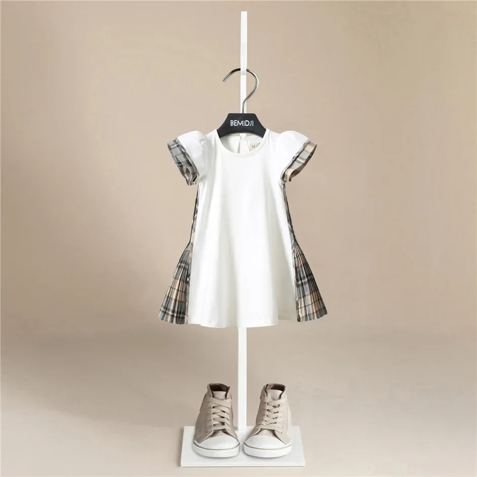 Summer 2-7 Years Child Preppy Style White Cotton Color Sleeves Patchwork Plaid Pleated Dress for Kids Baby Girls Kids Clothes