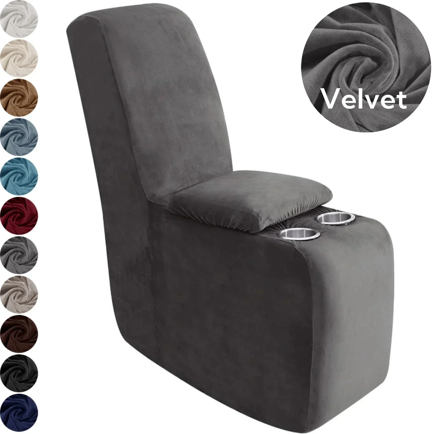 Plush Velvet Storage Console Cover with Cup Holders 2-Piece for Recliner Sofa Slipcover Thick Reclining Couch Cover