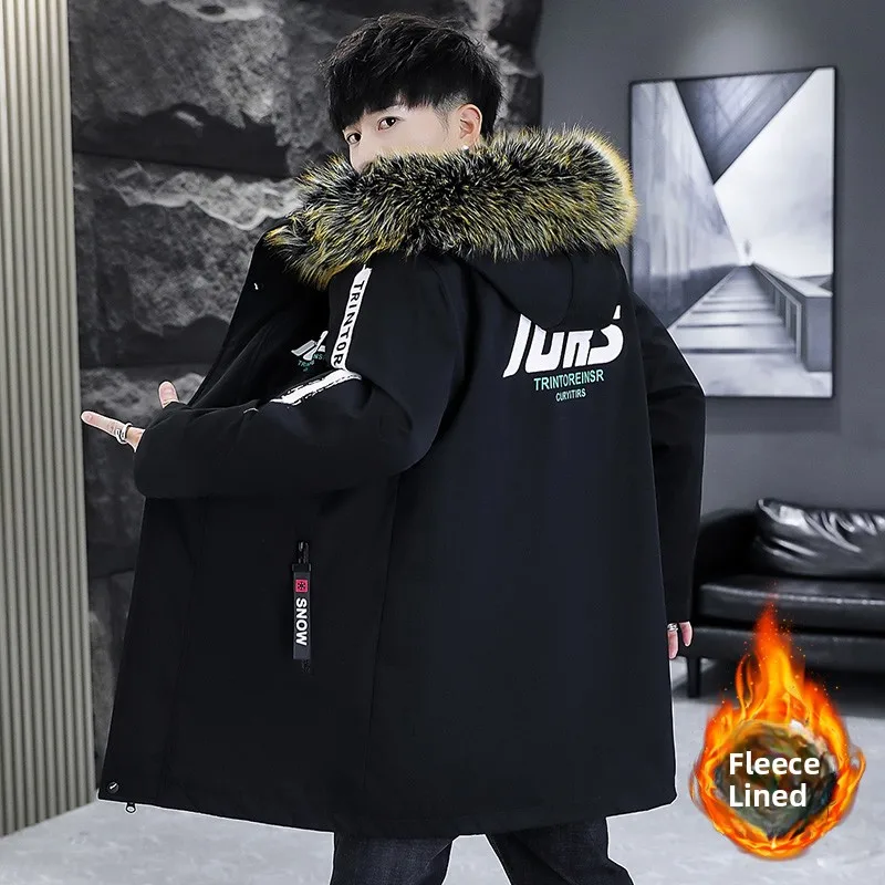 

Новая зимняя мужская утепленная парка с принтом и капюшоном, молодежная теплая хлопковая куртка средней длины, модное городское хлопковое пальто в стиле кэжуал