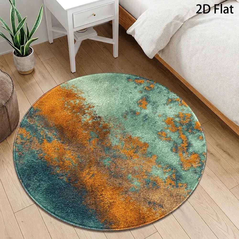 Teal Orange Abstract Tie‑Dye Round Rug,Vintage Watercolor Splatter Marble Texture Printed Circular Floor Mat,Living Room