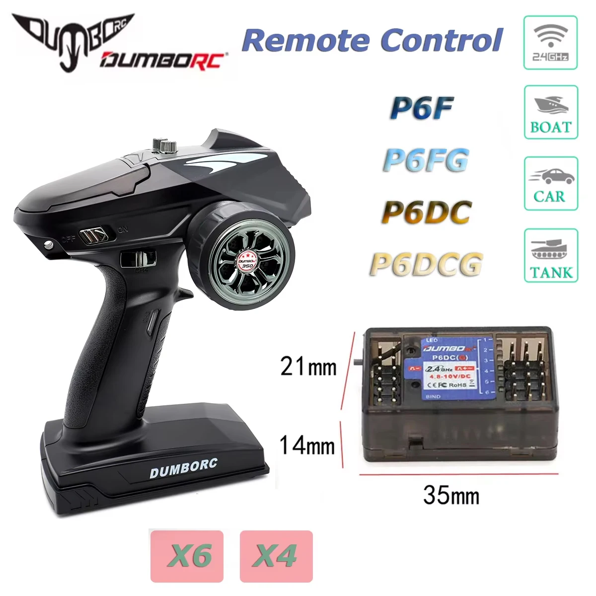 DumboRC 2.4G X6 6CH X4 4CH Transmitter Remote Control With P6F/P6FG/P6DC/P6DVCG (Gyro) DC Receiver For RC Car Boat Tank Model