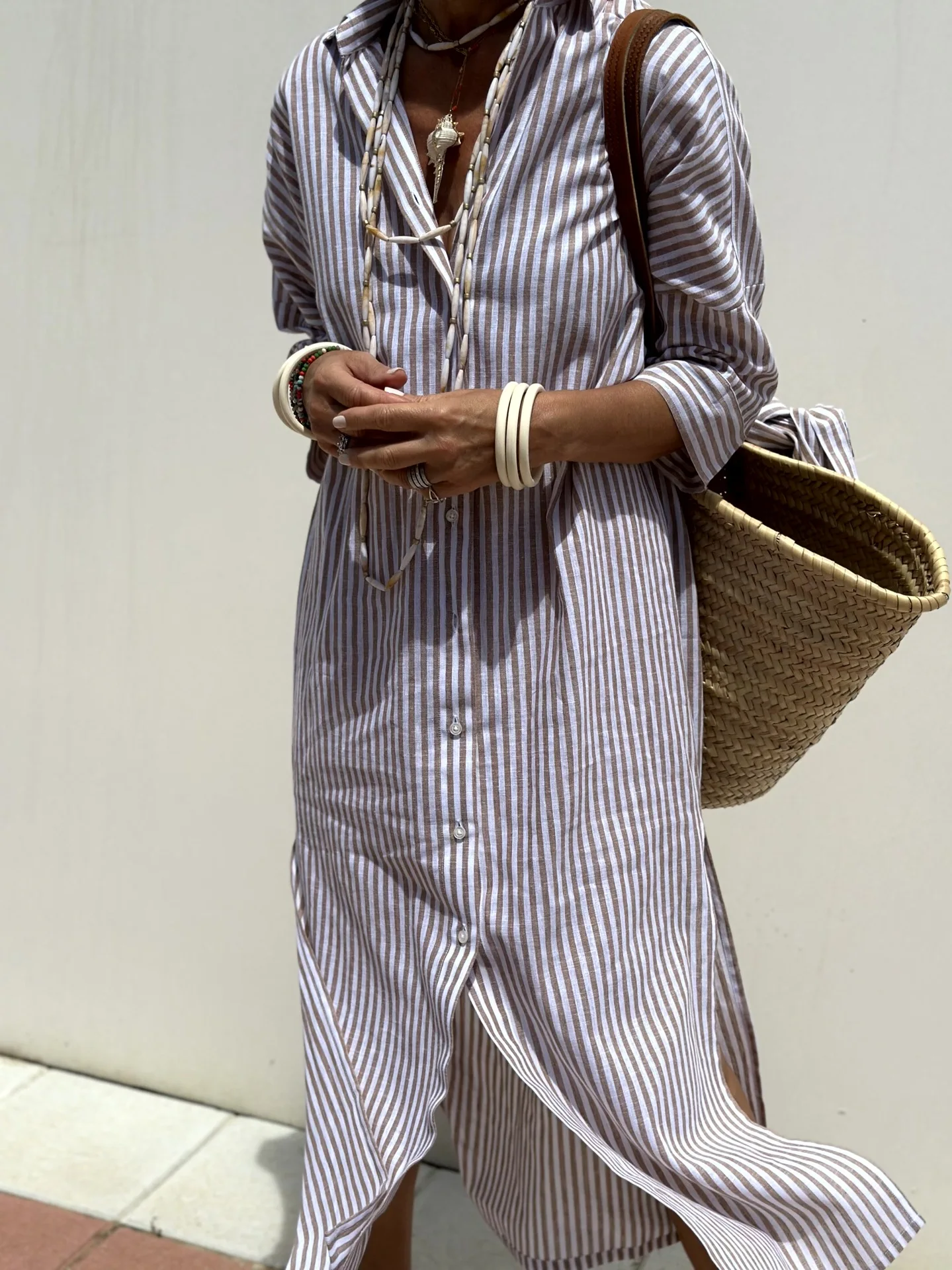 Autumn Fashion Striped Printed Shirt Dress Women Casual Lapel Button Lace Up Slit Shirt Dress Women