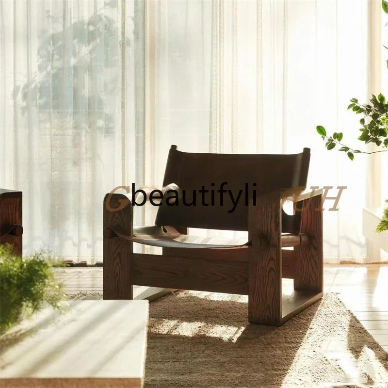 

Medieval retro saddle leather single sofa living room home bed and breakfast hotel single sofa chair