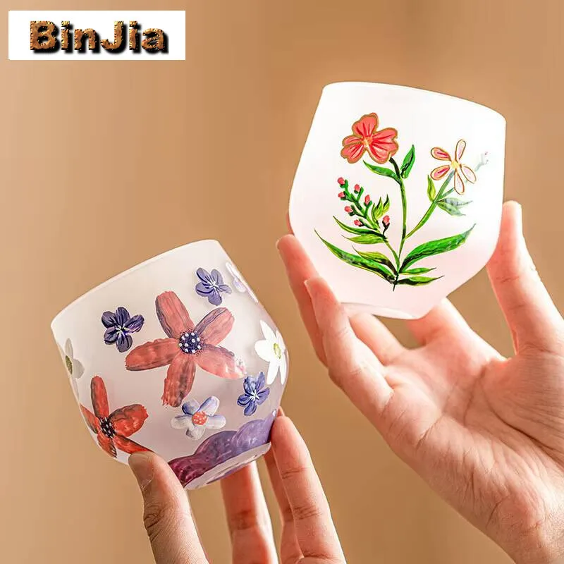 

180 мл стеклянная чайная чашка с рисунком цветка, контур золотого цвета, мастер-чашка, эстетичная термостойкая чайная чаша, кофейная кружка, посуда для напитков