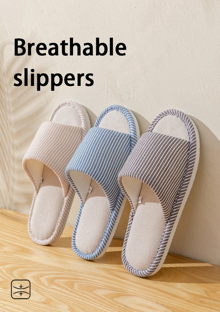 Herren Rutschfeste Leinen-Hausschuhe für Frühling und Sommer, Atmungsaktive Innenraumschuhe mit Offener Zehenpartie und Rutschfestem Streifendesign – Detail 3