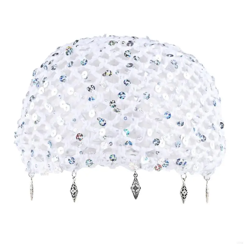 Lightweight Crochet Skull Cap with Disc Embellishment Open Weave Hat Size 55-59 for Statement Party Y166