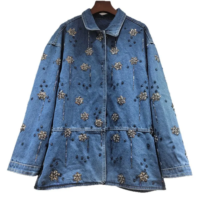 SuperAen джинсовая куртка с вышитыми расклешенными цветами и воротником-поло, весна 2026, новые однобортные повседневные свободные куртки в корейском стиле