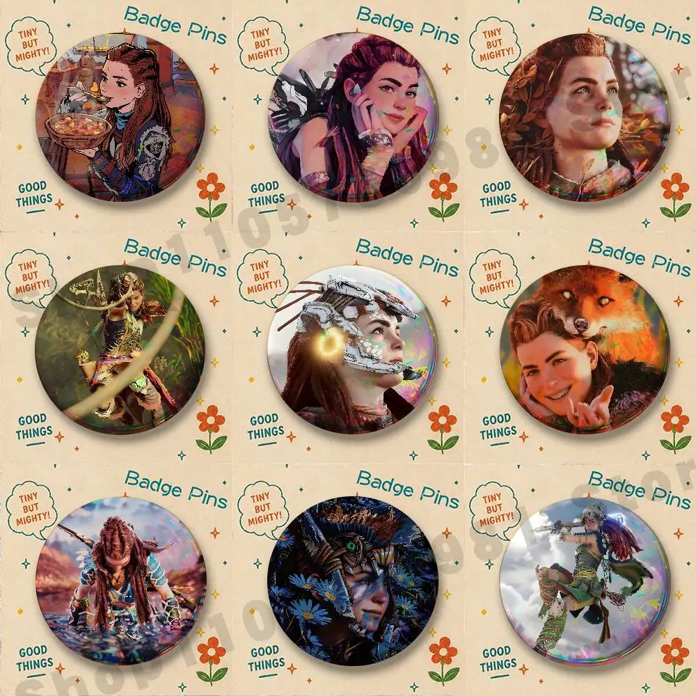Red Hair A-Aloy Horizon Zero D-Dawn Round Pins Cartoon Brooches Stylish Ornament Badge for Backpack Accessorys Gifts