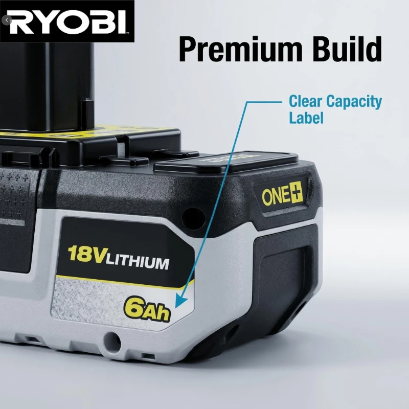 

100% original RYOBI ONE+ 18V 6.0Ah high-performance lithium-ion battery, suitable for all DIY ONE+ power tools.