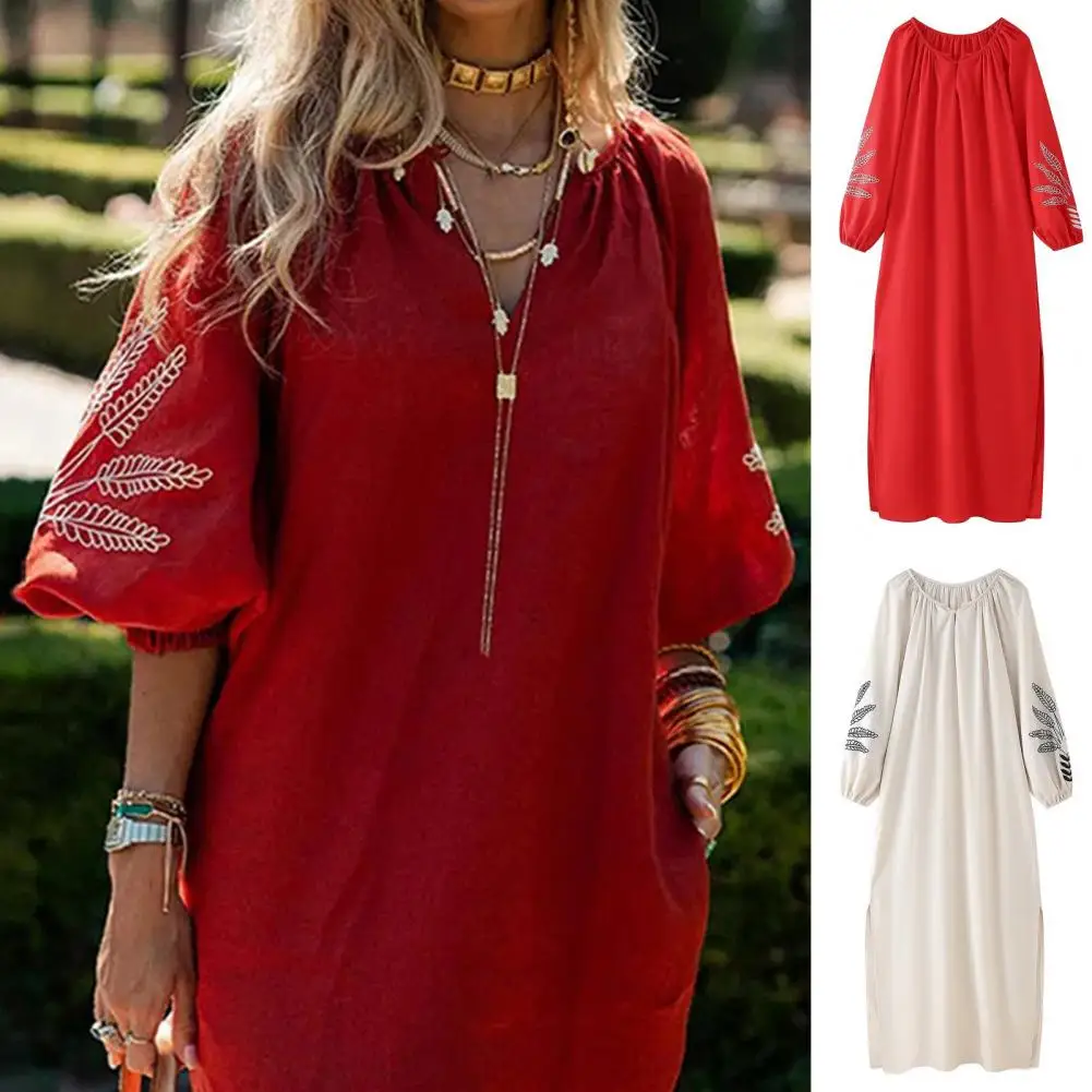 Women Embroidered Sleeve Dress Elegant Embroidered Maxi Dress Stylish Split Hem Elastic Cuff Pleated Design for Women's Wear