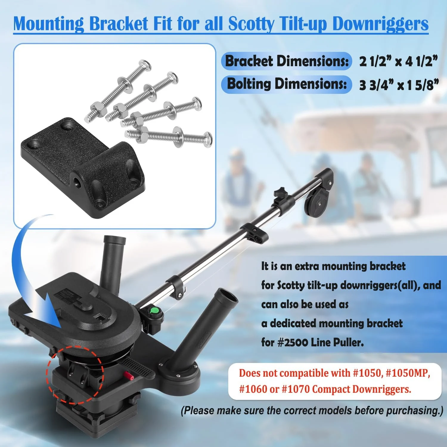 

Кронштейн для крепления с наклонной установкой 1023, совместимый с моделями Scotty Downrigger 1080–1116, не подходит для 1050, 1050MP и 1060.
