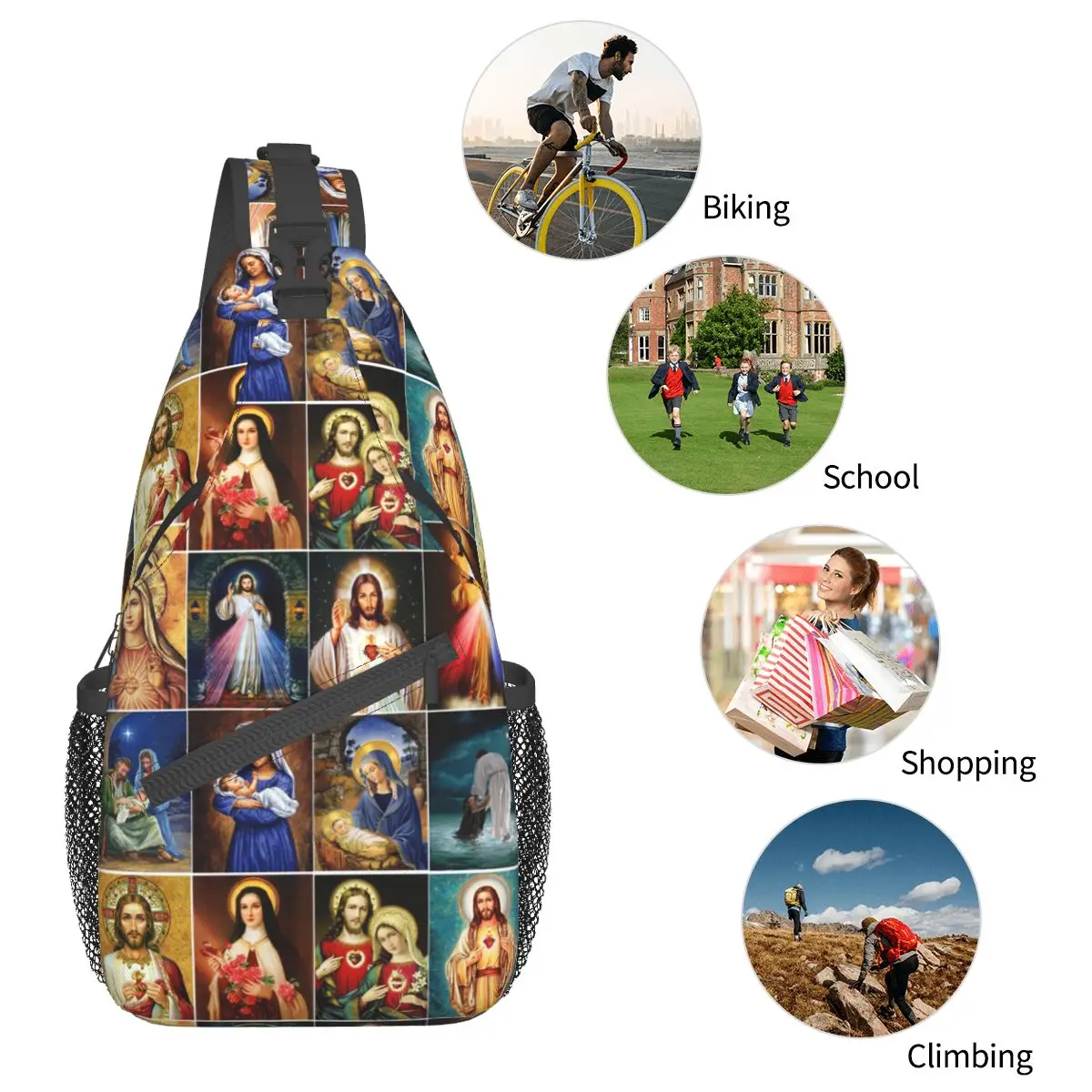 Jesus Virgin Mary Cross body Schulter taschen für Brusttasche Christian katholischen Schulter rucksack Tages rucksack zum Wandern im Freien Radfahren