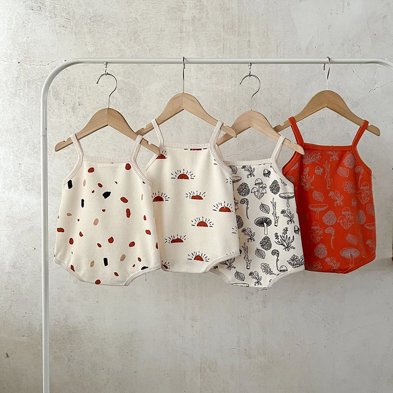 2024 Summer New Baby Bodysuits Toddler Girls Boys Print Sling Bodyusuit Newborn Cotton One Piece 0-3Y