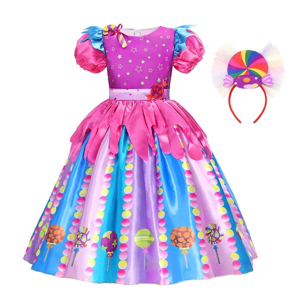 2024 Girls Purim Festival Kids Lollipop Candy Patch Birthday Party Girls Dress With Headband Kids Dresses Clothes For 3-12 Years