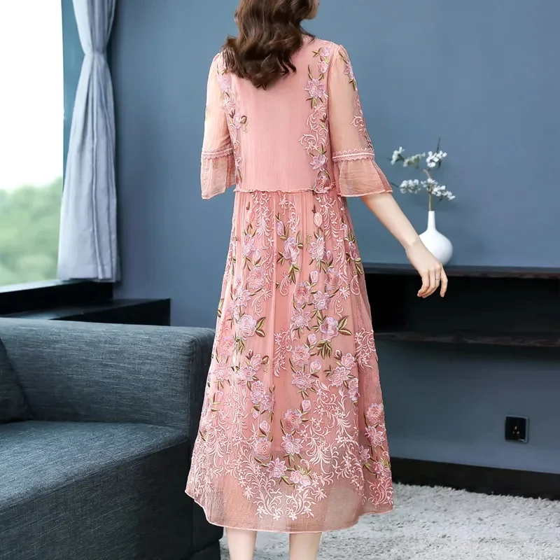 Heavy Industry Embroidery Imitation Silk Dress Women Summer 2023 New Fashion Loose Medium Length Fragmented Mulberry Silk Skirt