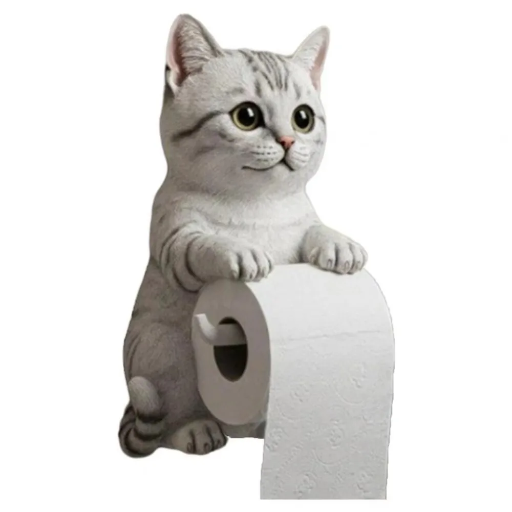 

3D Cat Shape Cat Toilet Paper Holder Resin Simple Installation Bathroom Tissue Dispenser Realistic Space Saving