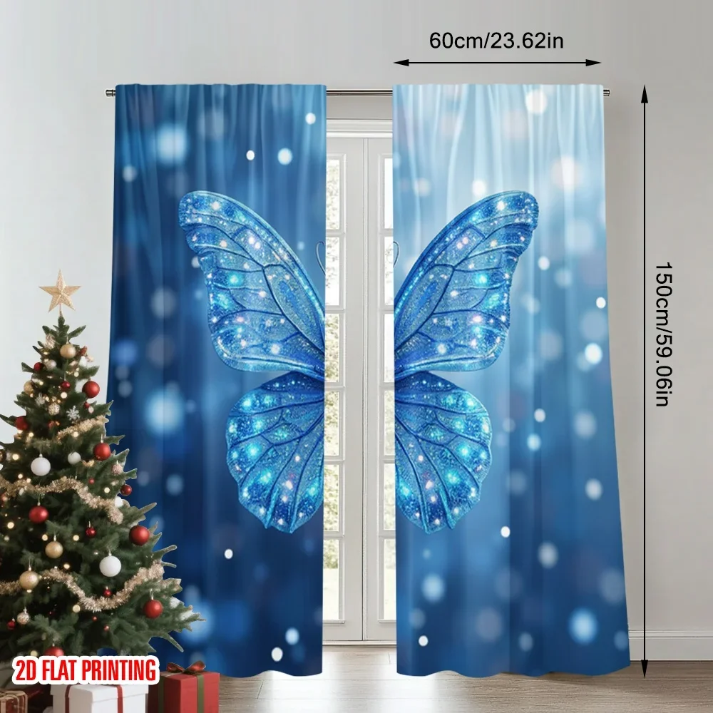 2pcs 2D flat printing Window Curtains Sparkling Blue Butterfly Jewels Digital Printed Polyester Drapes All Season Party &