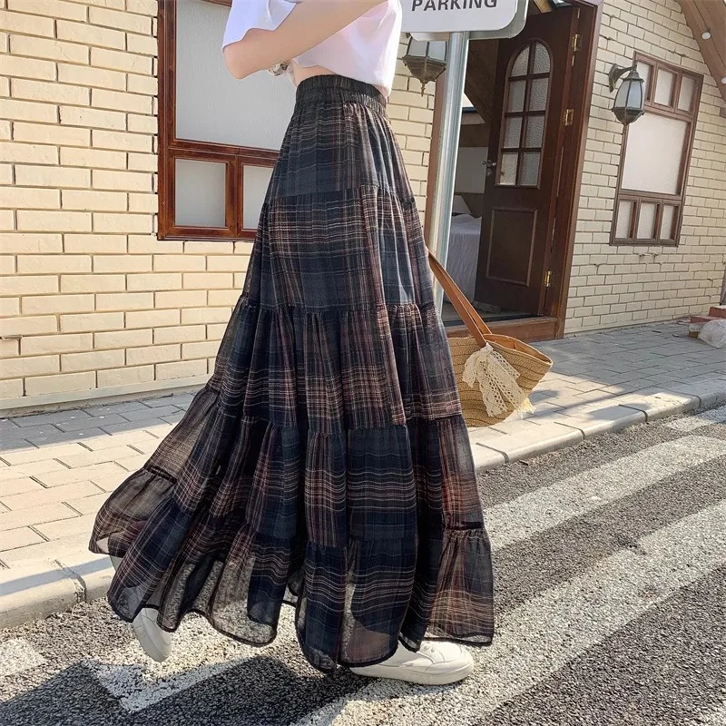 Women's Retro Plaid High Waist Skirt Plaid Chiffon Skirt Elegant Long Skirt New A-Line Large Swing Cake Loose evening dress