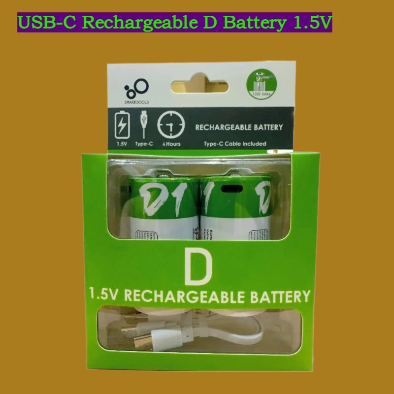 USB-C Rechargeable D Battery 1.5V Constant High Capacity 12000mWh  Li-ion for Gas Stove Natural Gas Water Heater Boiler Safety