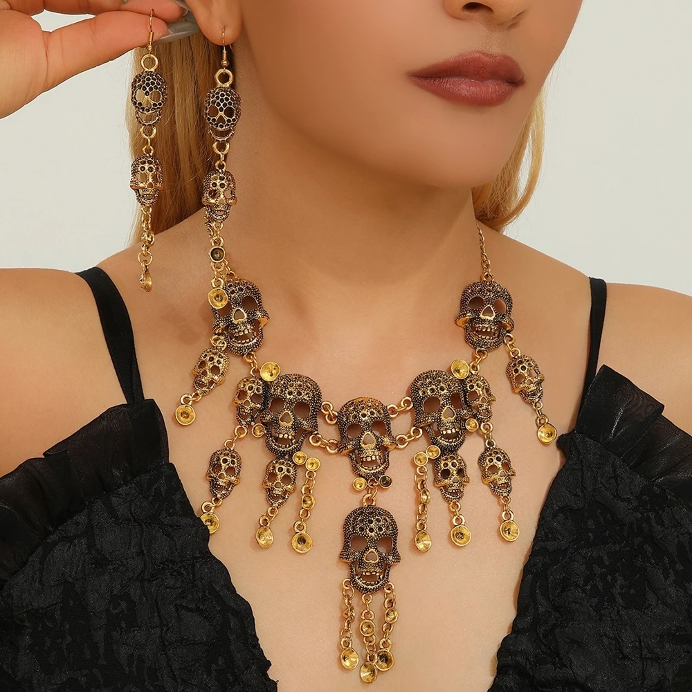

Halloween Jewelry Set Punk Retro Statement Alloy Skull Tassel Necklace and Earrings Women's Party Accessories