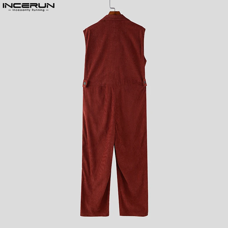 남성 코듀로이 점프 슈트 바지 솔리드 컬러 2025 민소매 옷깃 더블 브레스트 남성 Rompers streetwear 패션 오버올 INCERUN