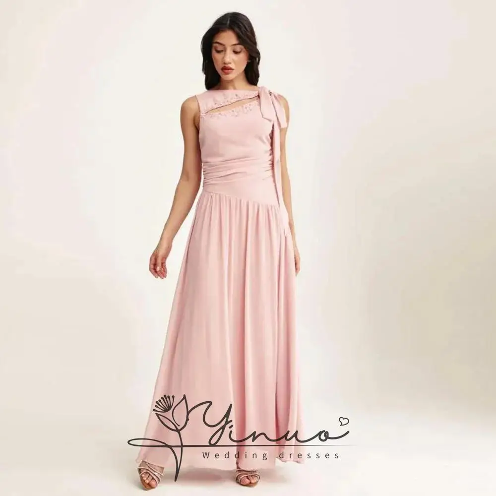 Customized  Neck Prom Dress with Bow Tie Detail Pink Chiffon Maxi Dresses Ruched A Line Wedding Guest Outfit