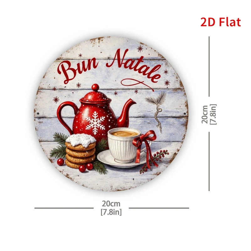 HD Tin Sign, Vintage Buon Natale Christmas Coffee Teapot Round Metal Wall Art, Retro Holiday Decor