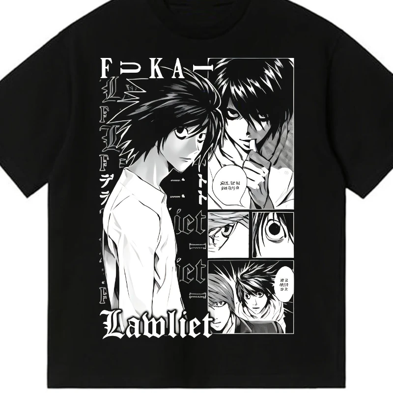 Men's Blended Black and White Layered Anime Character Manga Collage Pattern T-shirt Retro Japanese Anime Hip Hop