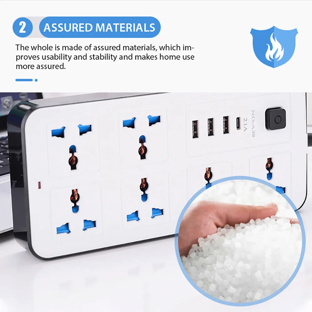 6AC Outlets Multiprise Electrical Socket Multi Tap Power Strip 2M Extension Cable with 3USB + Type C Network Filter Fast Charger
