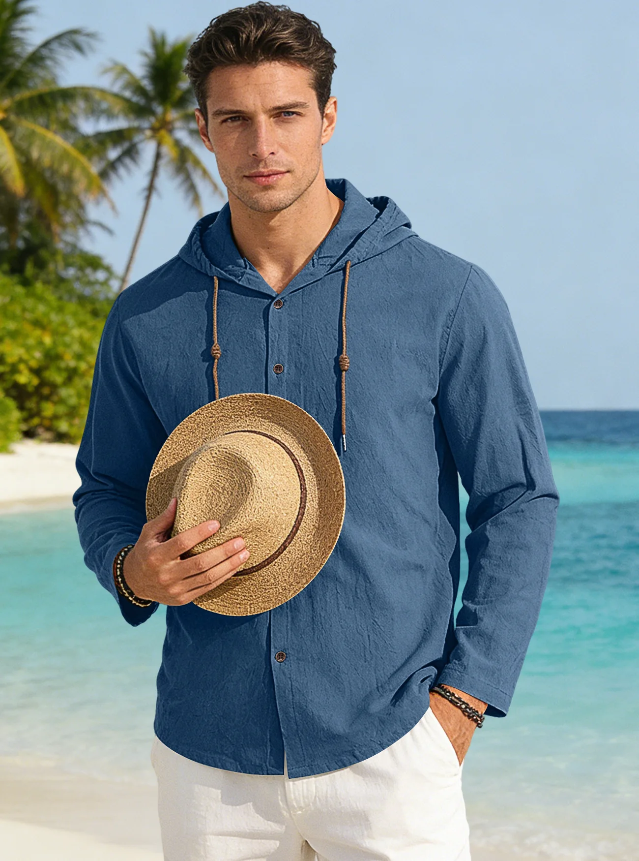 

New summer-autumn men's hooded T-shirt - pure color, versatile, cotton and linen men's casual long-sleeved outdoor camping top