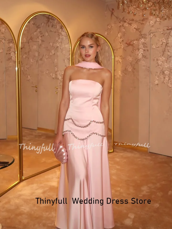 Thinyfull 인어 새틴 댄스 파티 드레스 민소매 끈이 없는 크리스탈 이브닝 드레스 긴 정장 가운 로브 드 소와레 맞춤형 ﻿