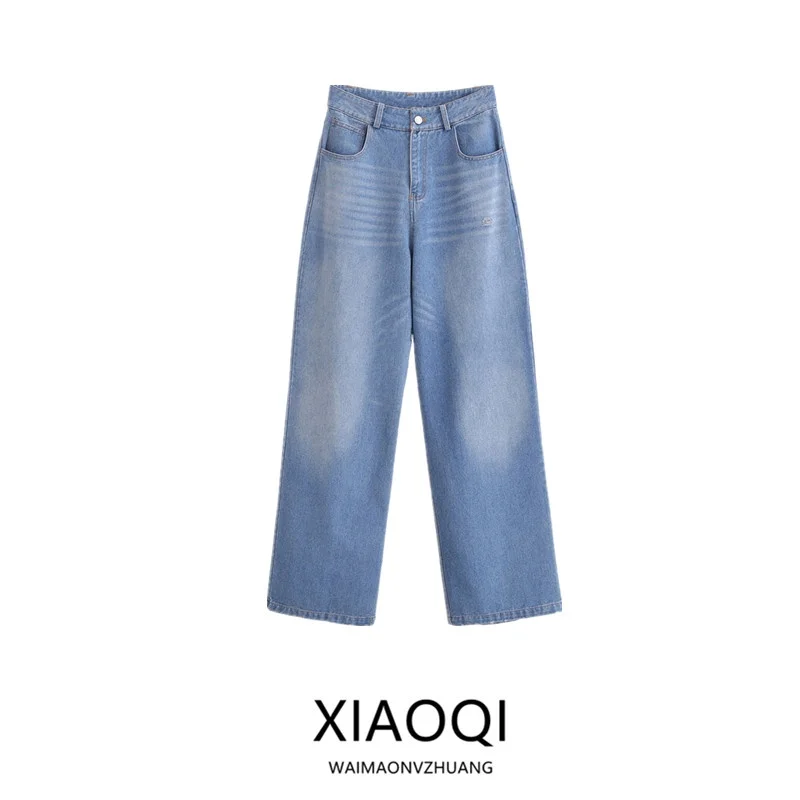 

Весна 2024, женские свободные джинсы с высокой талией, джинсовые длинные брюки, Новое поступление, украшение с отверстиями, повседневная молния, летняя одежда