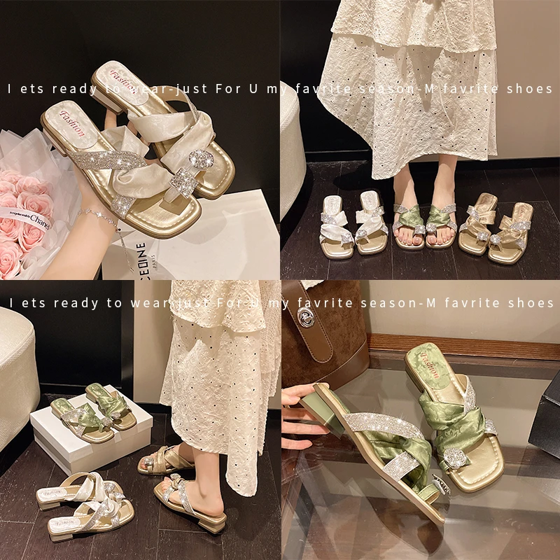 

Women Summer Rhinestone Mesh Slide Sandals Square Toe Flat Slippers Luxury Glitter Cross Strap Casual Outdoor Daily Wear Ladies