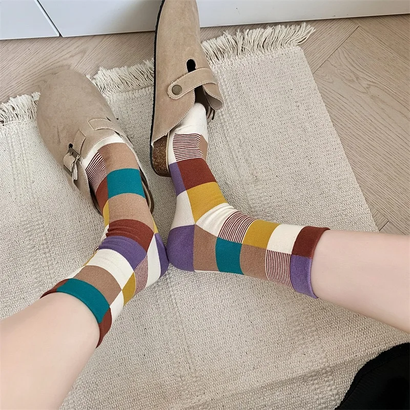 ถุงเท้าผู้หญิงผ้าฝ้ายวินเทจฮาราจูกุสตรีทฤดูใบไม้ผลิฤดูใบไม้ร่วงสาวฤดูหนาวลายจุดลายสก๊อตสไตล์ญี่ปุ่นถุงเท้าสั้น