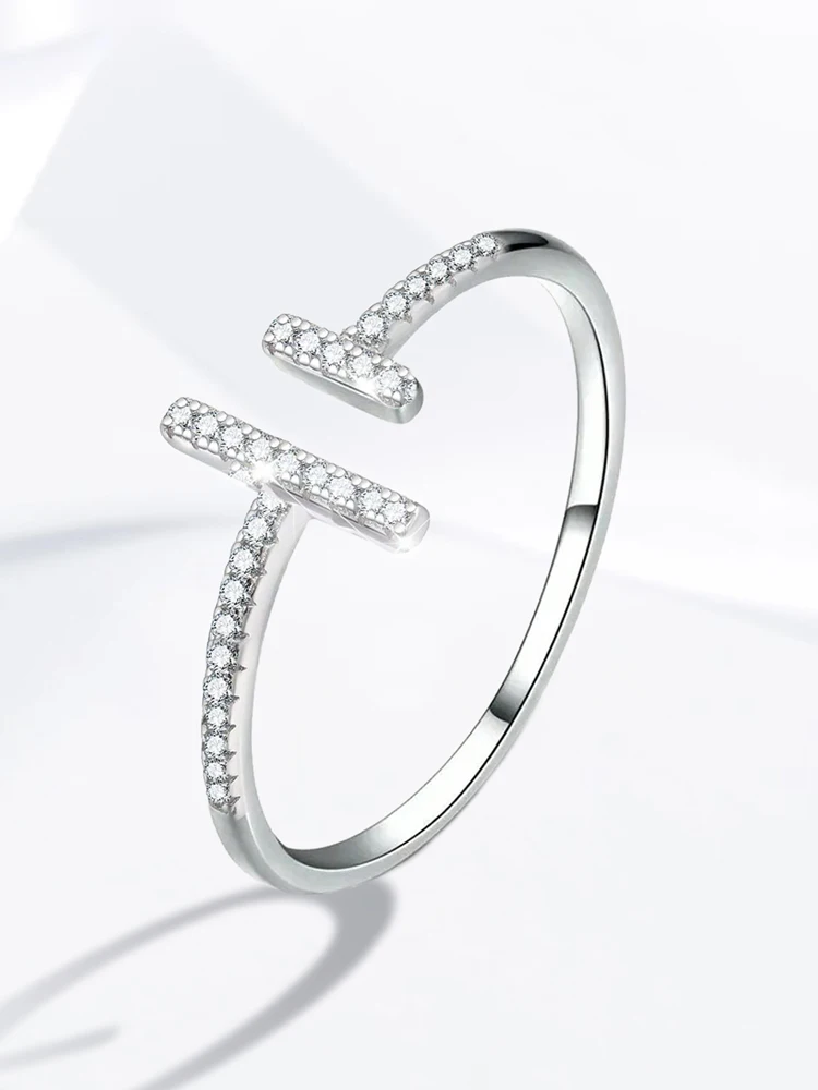 خاتم من الفضة الإسترليني عيار 925 بسيط لامع بطول متوازي قابل للتعديل من الزركون للنساء مجوهرات فاخرة عالية الجودة