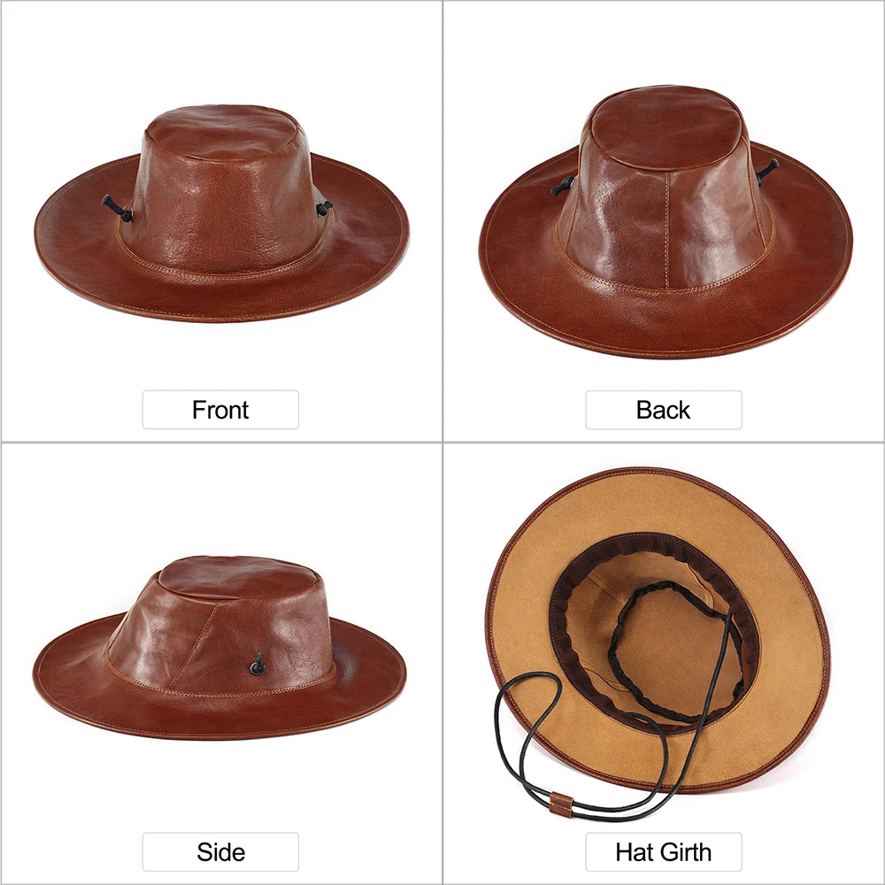 JOYIR Genuine Cow Leather Western Cowboy Hat Solid Leather Country Hat Classic Jazz  Felt Hats Retro Knight Hats For Men