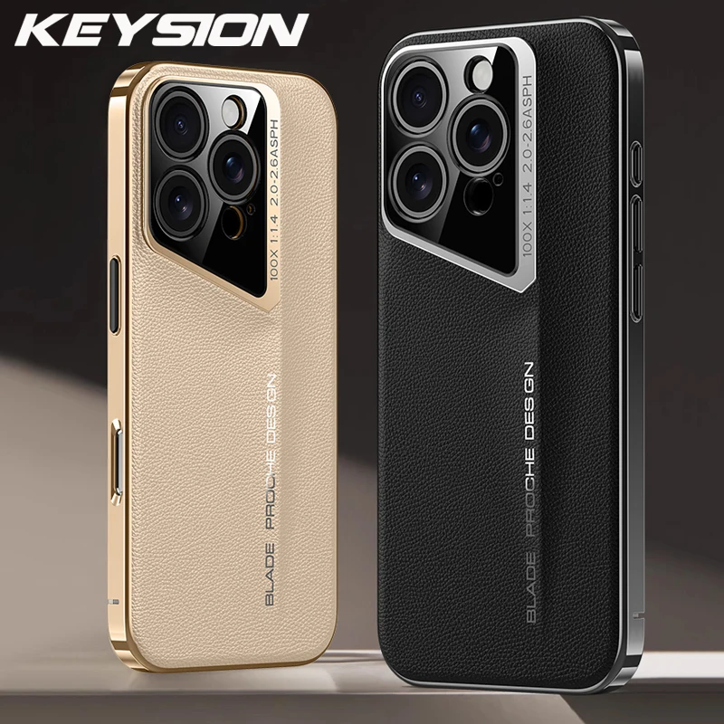 KEYSION Luxury PU Leather Case for iPhone 16 16 Pro Max Plating Hard PC Shockproof Phone Back Cover for iPhone 15 14 13 Pro Max