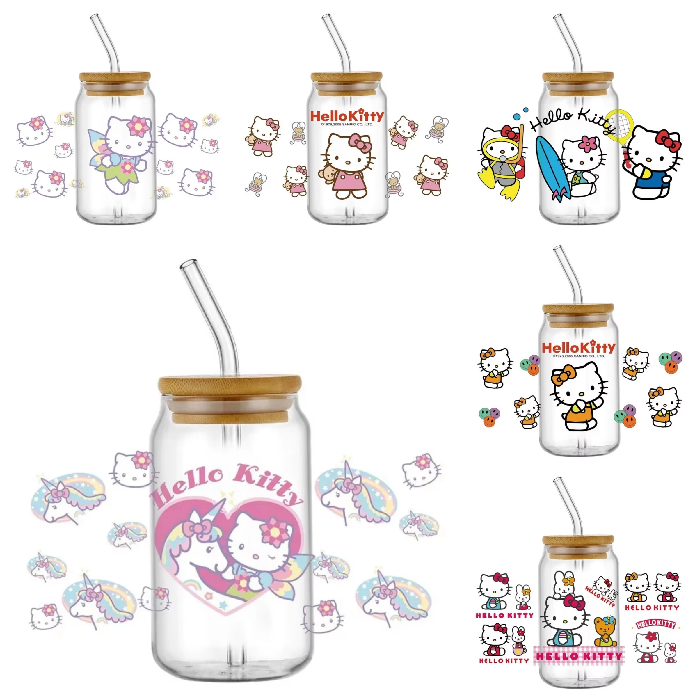 

New model Hello Kitty Cartoon UV DTF Cup Wrap Easy peel DIY 3D Wrap For 16oz Libbey Coffee Glass Can Cup Wholesale