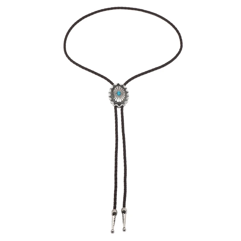 Bolo Tie for Men Western Cowboy Necktie with Carved Turquoise Buckle Decor