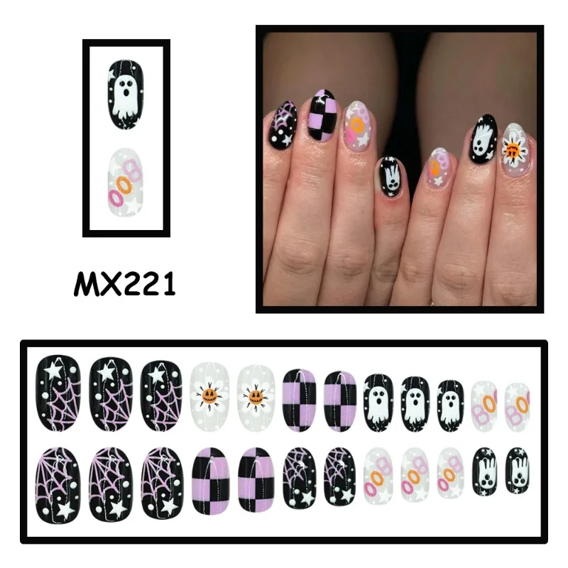 24pcs Fake Nails Cute Ghost Checkered Pattern Spider Web and Pumpkin Designs—Halloween-themed Press-On Nails Perfect for Girls - view 2